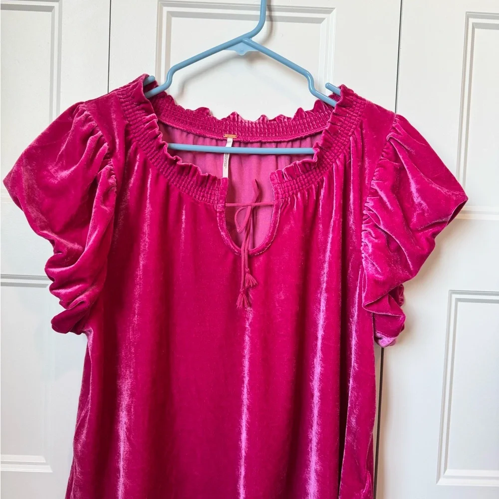 Free People Hot Pink Velvet Puff Sleeve Blouse